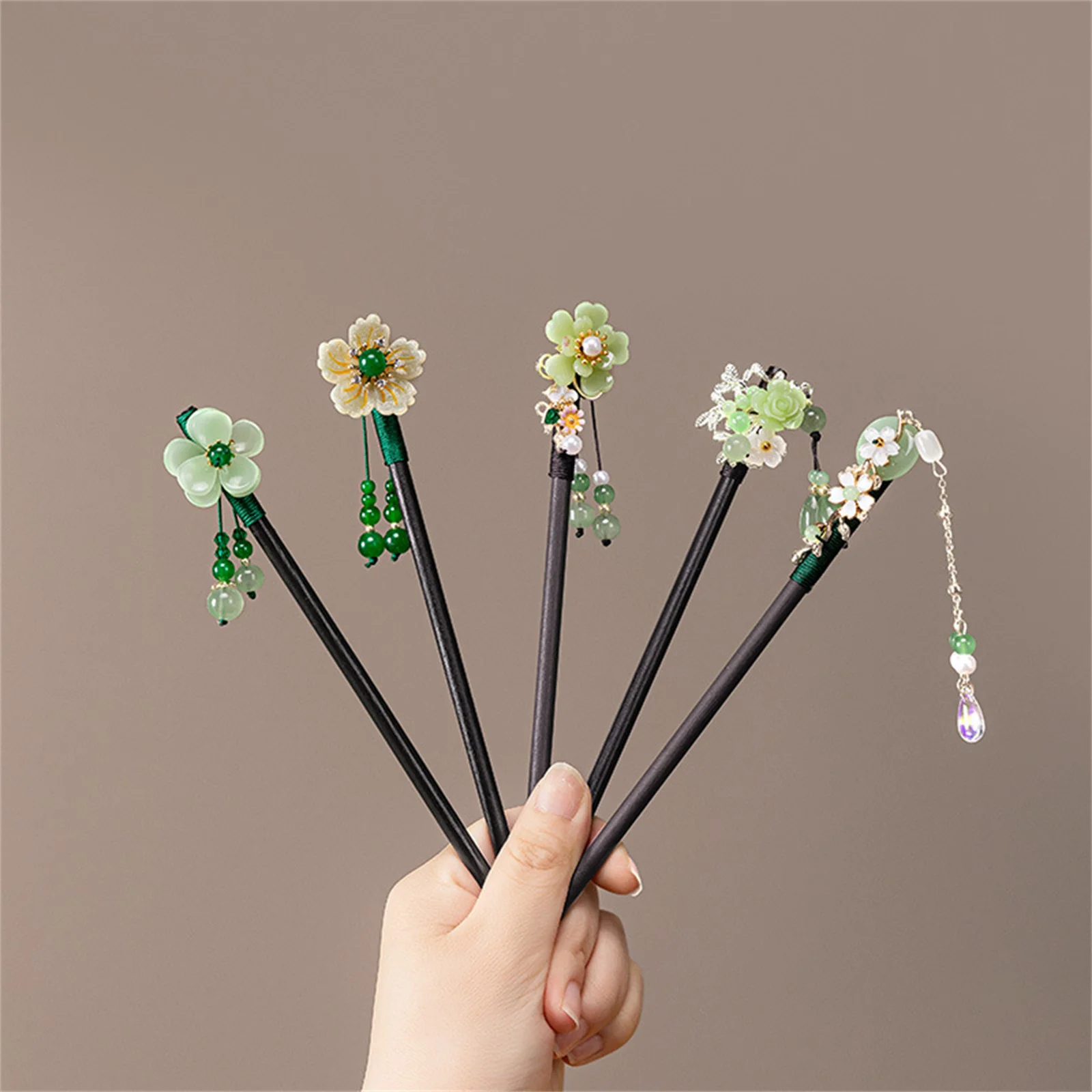 دبوس شعر أنيق على شكل زهرة شرابة سلسلة خضراء طازجة صغيرة عصا شعر خشبية للنساء إكسسوارات شعر مجوهرات مصنوعة يدويًا من الصقيل #6