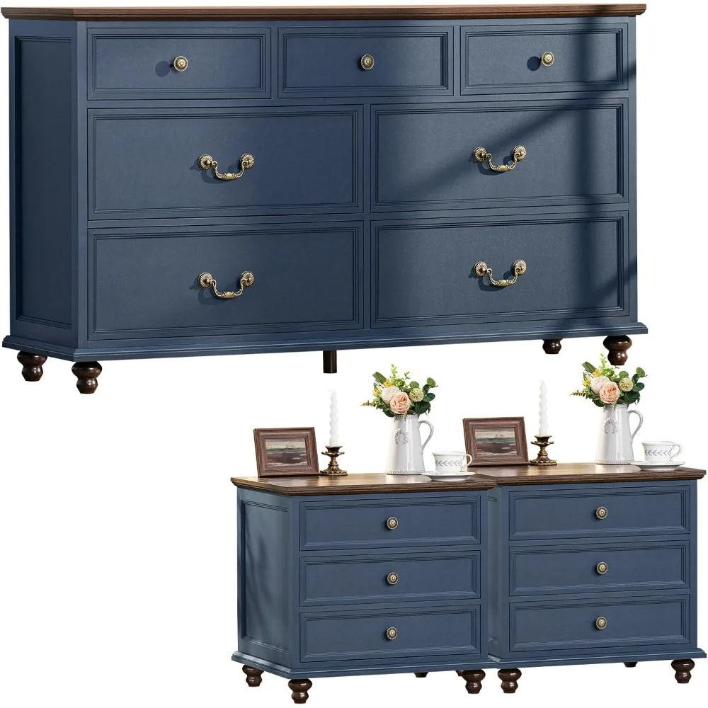 2 Nightstands and 7 Drawer Dresser Set for Bedroom, 54 Inch Wide Dresser and 24 Inch Nightstand Set for Bedroom, Living Room