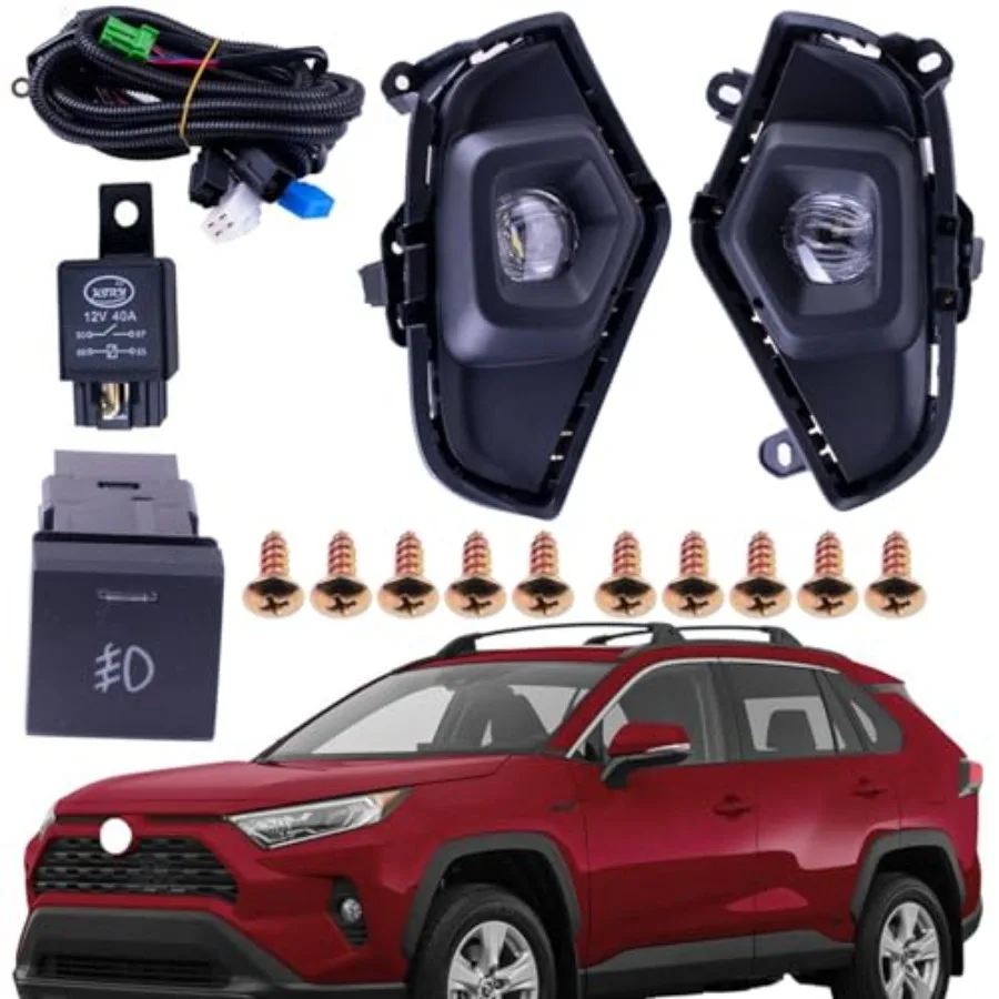 

Пара светодиодных противотуманных фар, совместимых с Toyota RAV4 2019-2024, с крышкой, переключателем, проводкой и комплектом кронштейнов для замены.