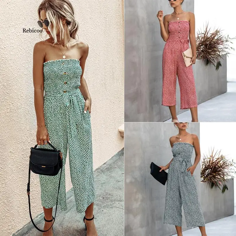 Neuheiten Sommer Overall Liebsten Ärmel Open Back Lange BODY Casual Floral Tasten Sexy Hohe Taille Frauen Overall