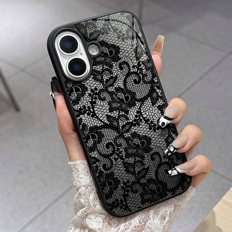 Custodia in silicone con raffinato motivo in pizzo per iPhone 17 16 15 14 13 12 11 Pro Max, Air 16E 16 Plus XS X XR - Morbida Funda