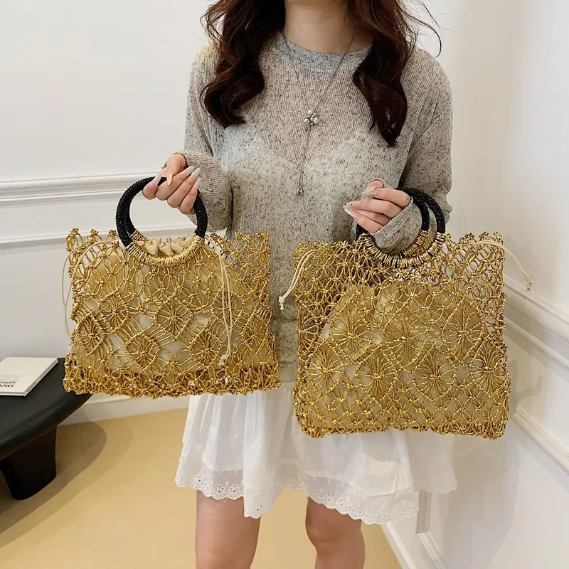 

Ladies Knitting Straw Rope Bag Vacation Large Tote Bag Fashion Women's Hollow Woven Handbag Summer Beach Bag