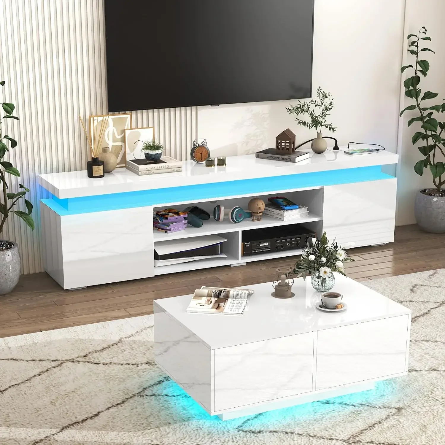 [Discounted Price!]LED TV Stand for 95 inch TV, Modern Gaming Console with Power Outlet, High Gloss Entertainment Center with St