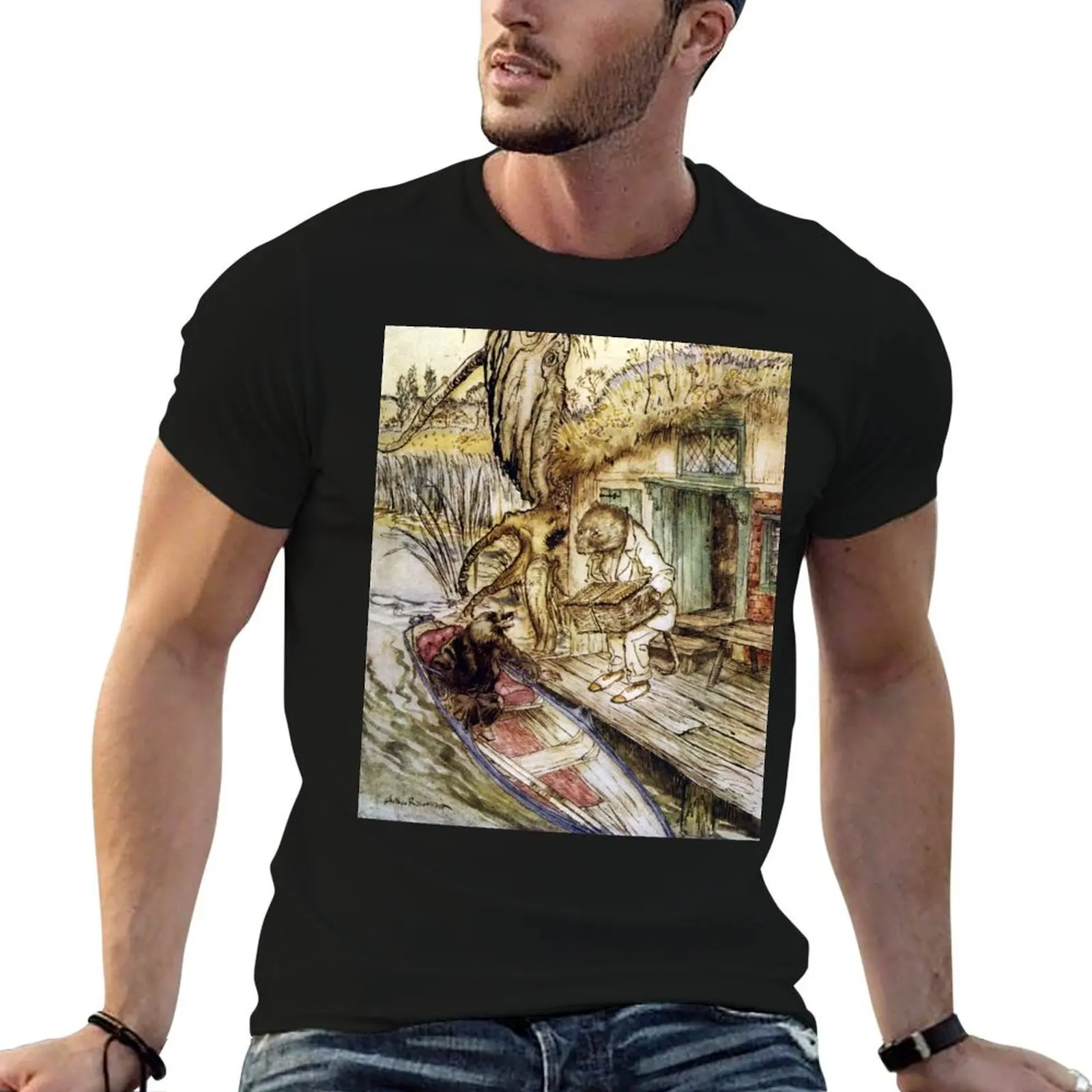 

Ratty and Mole on the Riverbank - Wind in the Willows, Arthur Rackham T-Shirt t shirts cotton 100% man tshirt T-Shirt