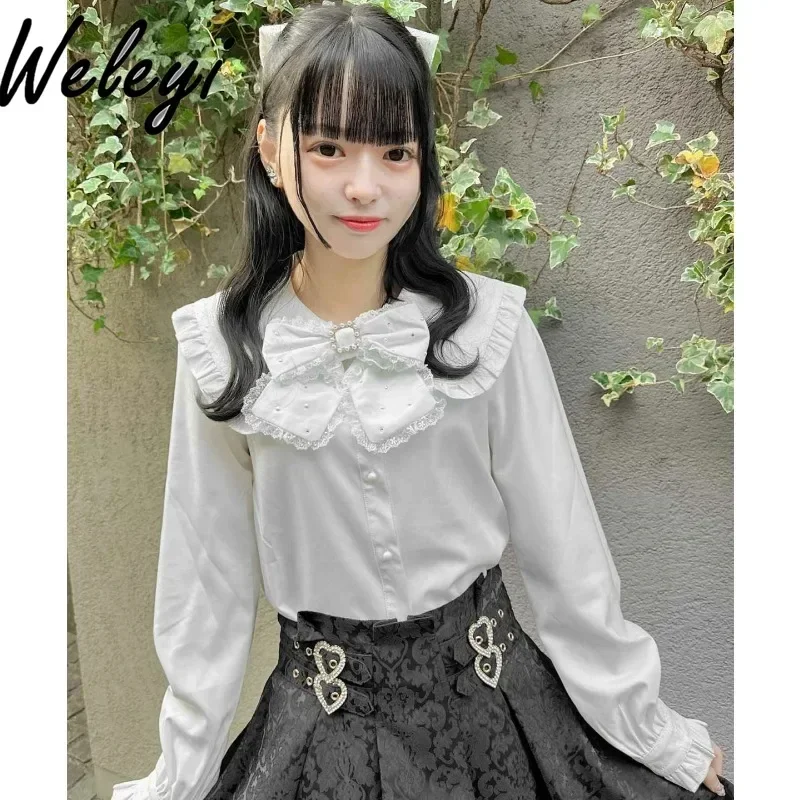 Rojita Jirai Kei Bow White Shirt Women's 2024 Autumn Clothes Mine Long Sleeve Blouse with Diamonds Pearl Ribbon Bottoming Tops