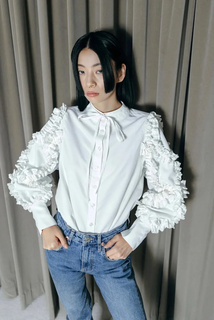 Japanese 2024 Spring Cute Retro Lace Bubble Lantern Sleeve Stand Collar Long Sleeve White Shirt Women\'s Sweet Blouse Blusas