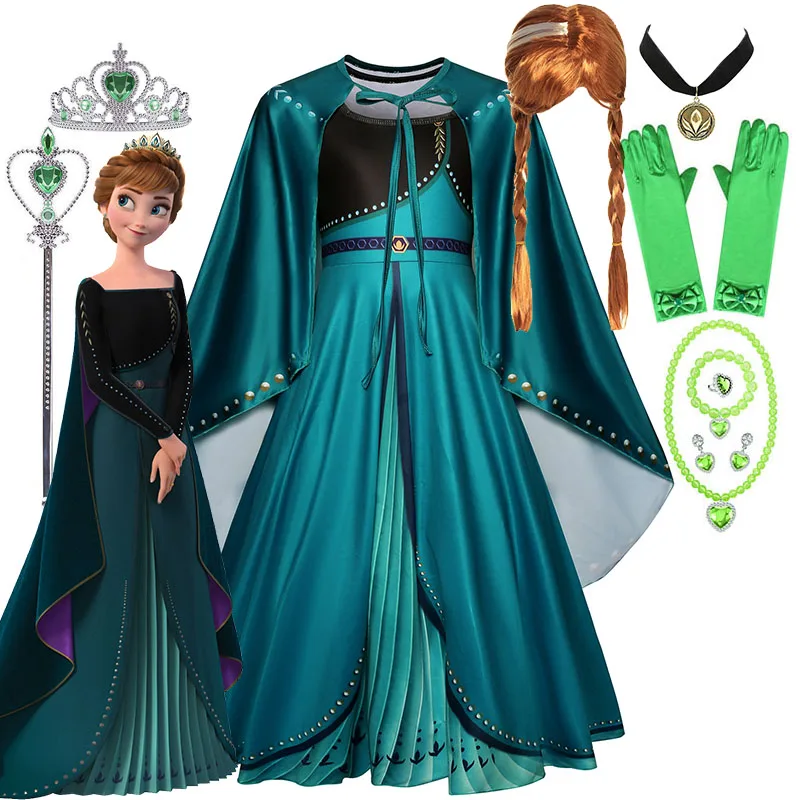 

Disney Frozen Anna Princess Elsa Dress for Girls Green Long Sleeve Dress with Cape Festive Party Snow Queen Costume 2-10Yrs