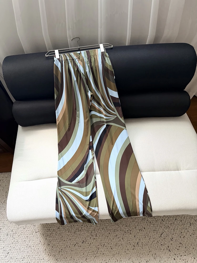 Spring Summer Fashion Vintage Geometric Pattern Print Wide Leg Trousers Women's Elastic Waist Pockets Straight Barrel Pants