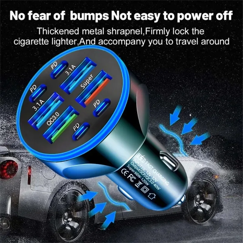 66 واط PD شاحن سيارة 8 منافذ شحن سريع PD QC 3.0 USB C سيارة شاحن سريع نوع-C محول في السيارة آيفون سامسونج شاومي