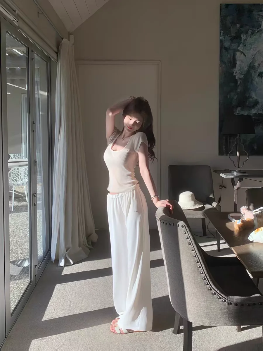 

Белые свободные брюки с широкими штанинами для женщин: охлаждающие, струящиеся, премиум-класса, повседневные, прямого кроя, дышащие, комфортные