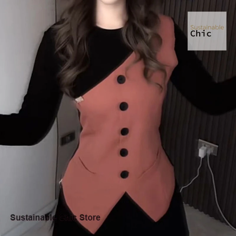 

Korean-style fashion stitching asymmetric fake two-piece shirt women's spring and autumn new Joker casual round neck T-shirt