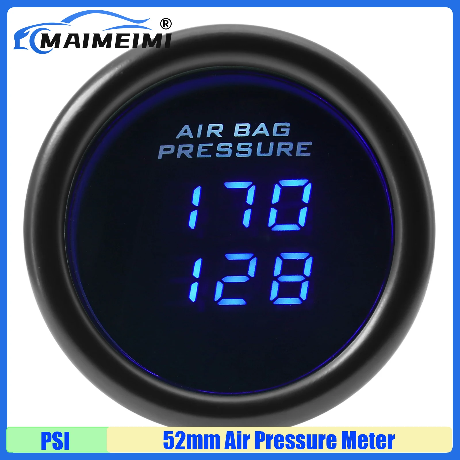 

MAIMEIMI Digital Dual Air Pressure Meter 52mm Air Pressure Gauge 0-100PSI Air Suspension With Sensor 10MM BLUE LED for Auto Car