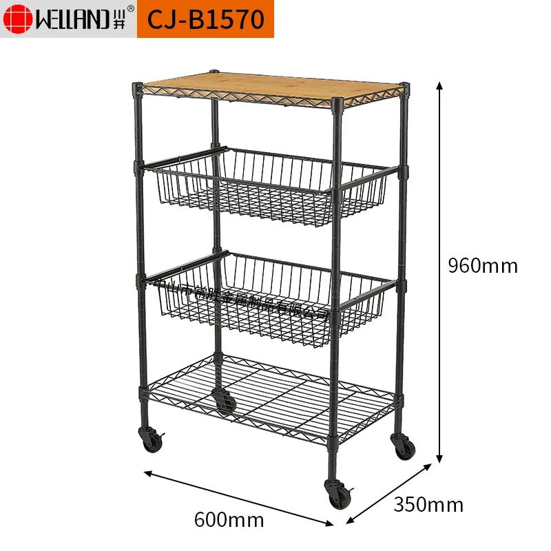 Guangdong source manufacturer multi-layer movable painted carbon steel wire mesh kitchen rack with wooden board basket kitchen