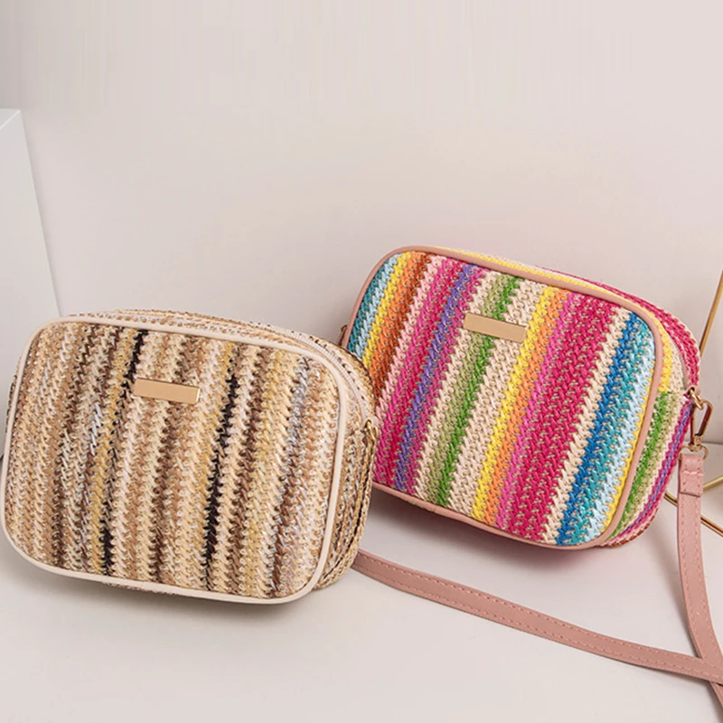 Sac à bandoulière coloré en paille tissée pour filles, sacoche rétro décontractée de style ethnique