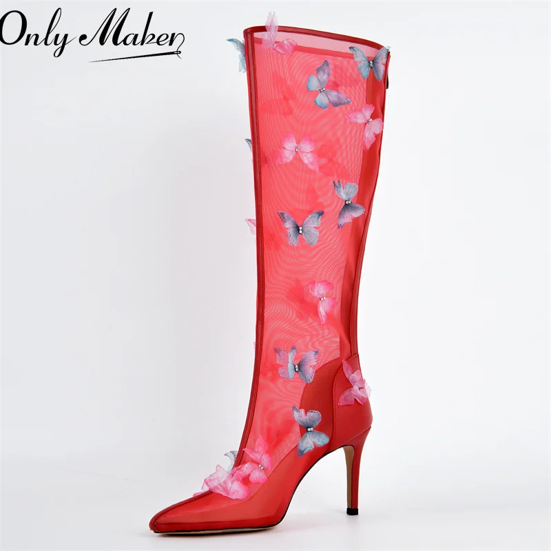 

Onlymaker Women Pointed Toe Butterfly Air Mesh The Knee High Boots Zipper Sexy Sweet Thin Heel Wedding Party Dress Boots
