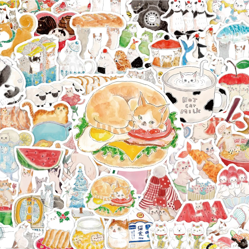 10/30/60pcs Watercolor Cat Cartoon Stickers Kawaii Animal Kitten Illustration Decals Cute Decoration Sticker Packs