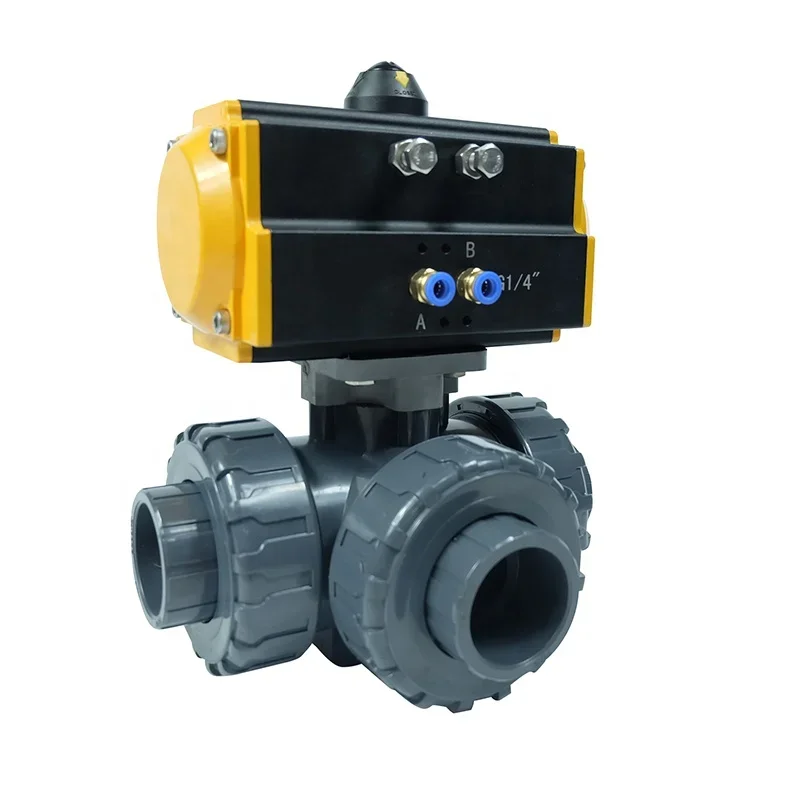 DKV water high pressure ball valve pneumatic control triple valve pneumatic three way PVC pneumatic ball valve for water air