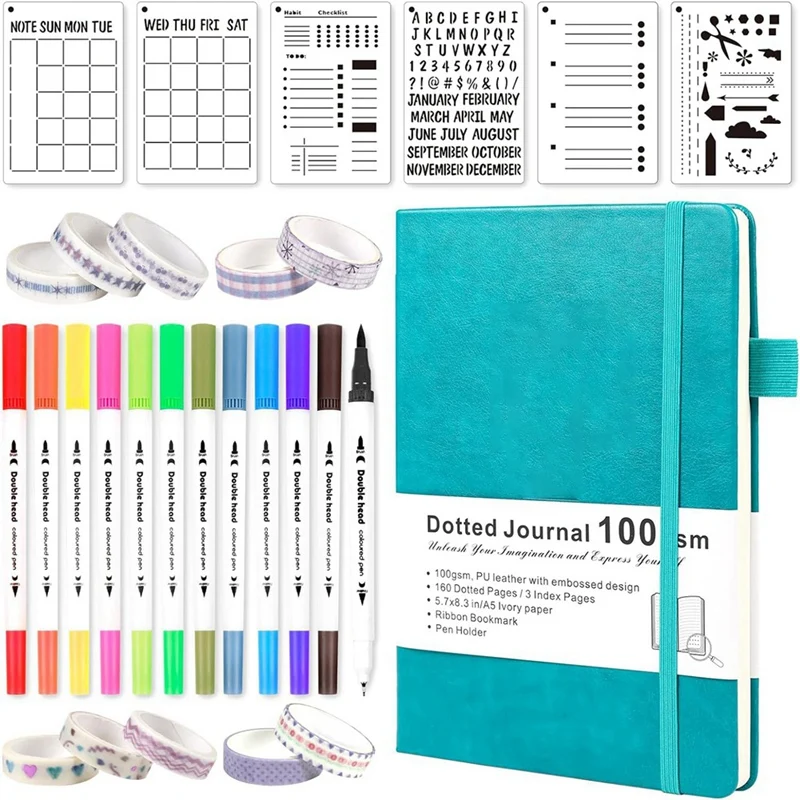 

HOT-Bullet Dotted Journal Kit-Dual Tip Brush Markers, Washi Tape, and Stencils for Women, Men, and Teen, Green