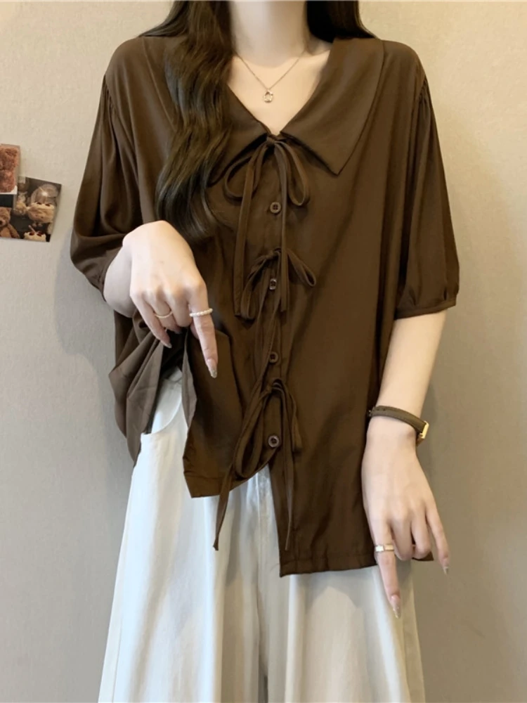 

Cafe Au Lait Design Sense Bow Tie V Neck Short Sleeve Women's Summer plus Size Fat MM Belly Cover Doll Collar Chiffon Top