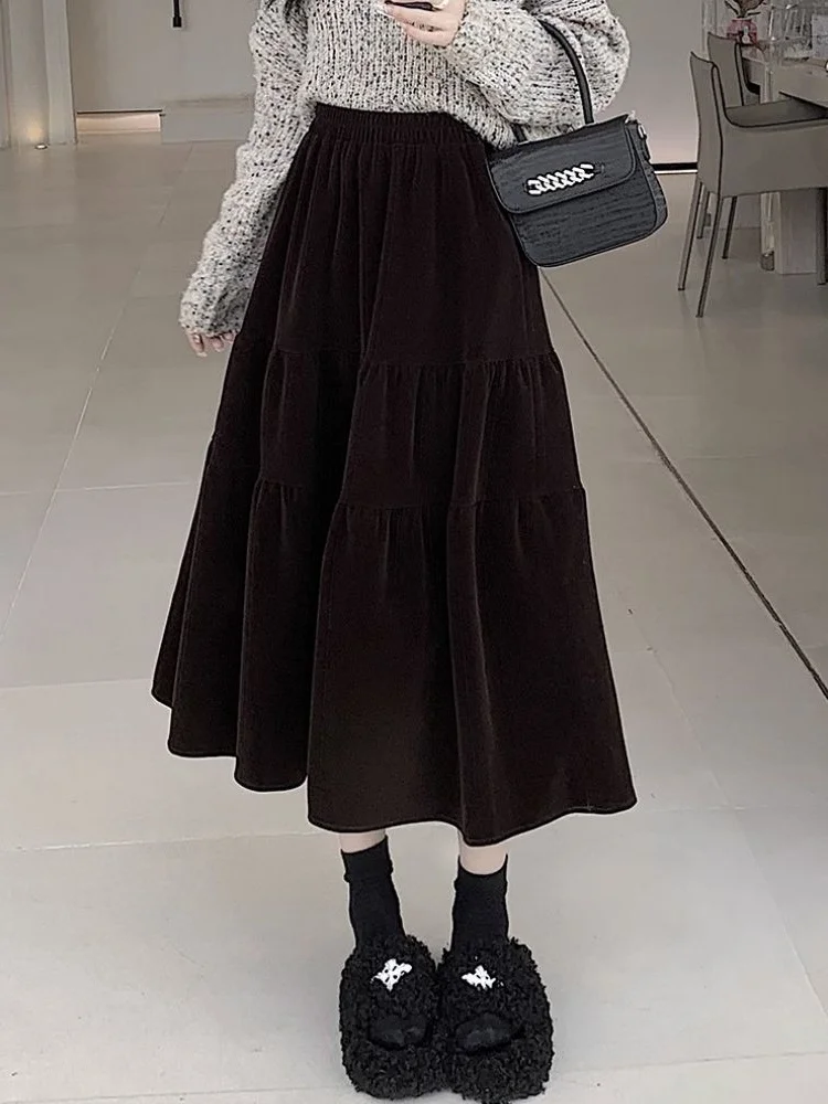 

plus Size Velvet Skirt Women's Loose Fitting Meat Covering Slimming High Waist A-Line Midi Skirt Spring Autumn Casual Wear
