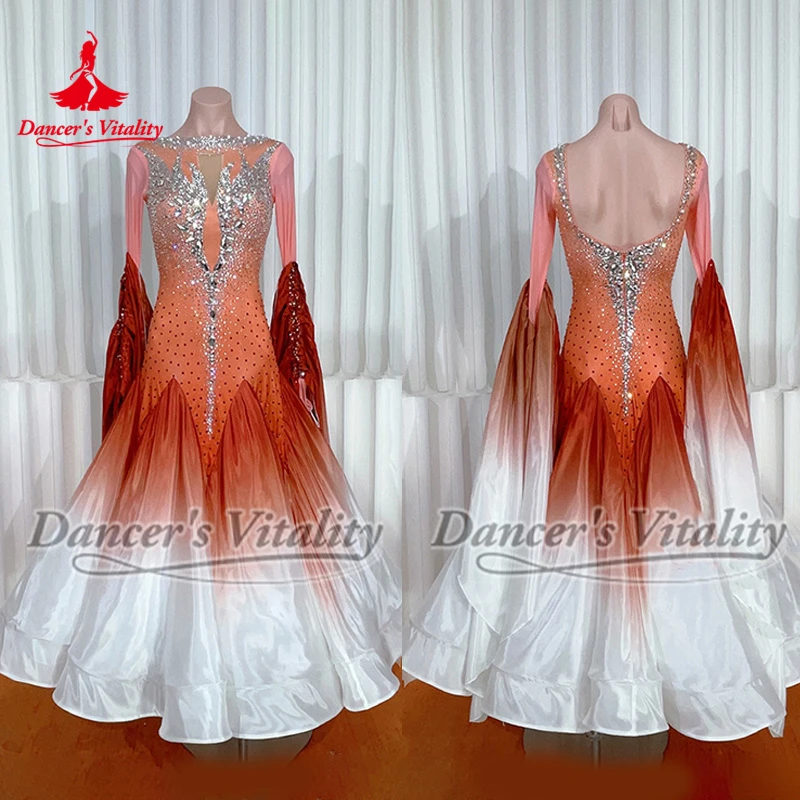 긴 소매 그라디언트 색상 폭스트롯 진주 실크 맞춤형 현대 드레스 성인 여성 볼룸 댄스 전문 대회 의상