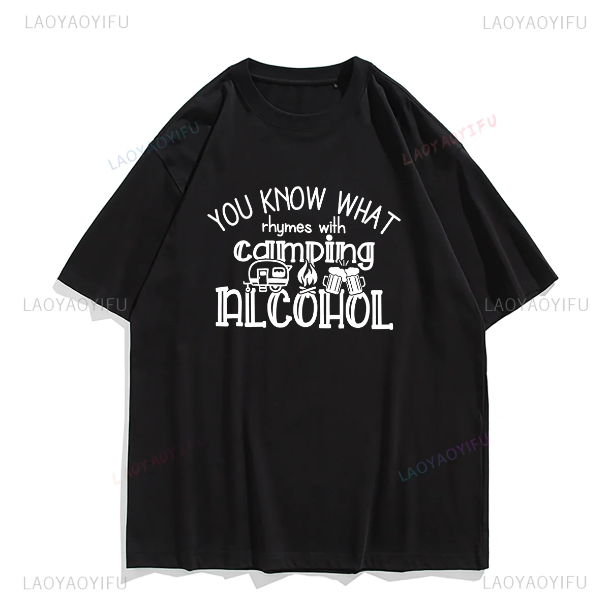 Men Women T Shirt You Know What Rhymes with Camping Alcohols Print Tops Camping Outdoors Graphic T Shirts Cotton Kawaii Clothes