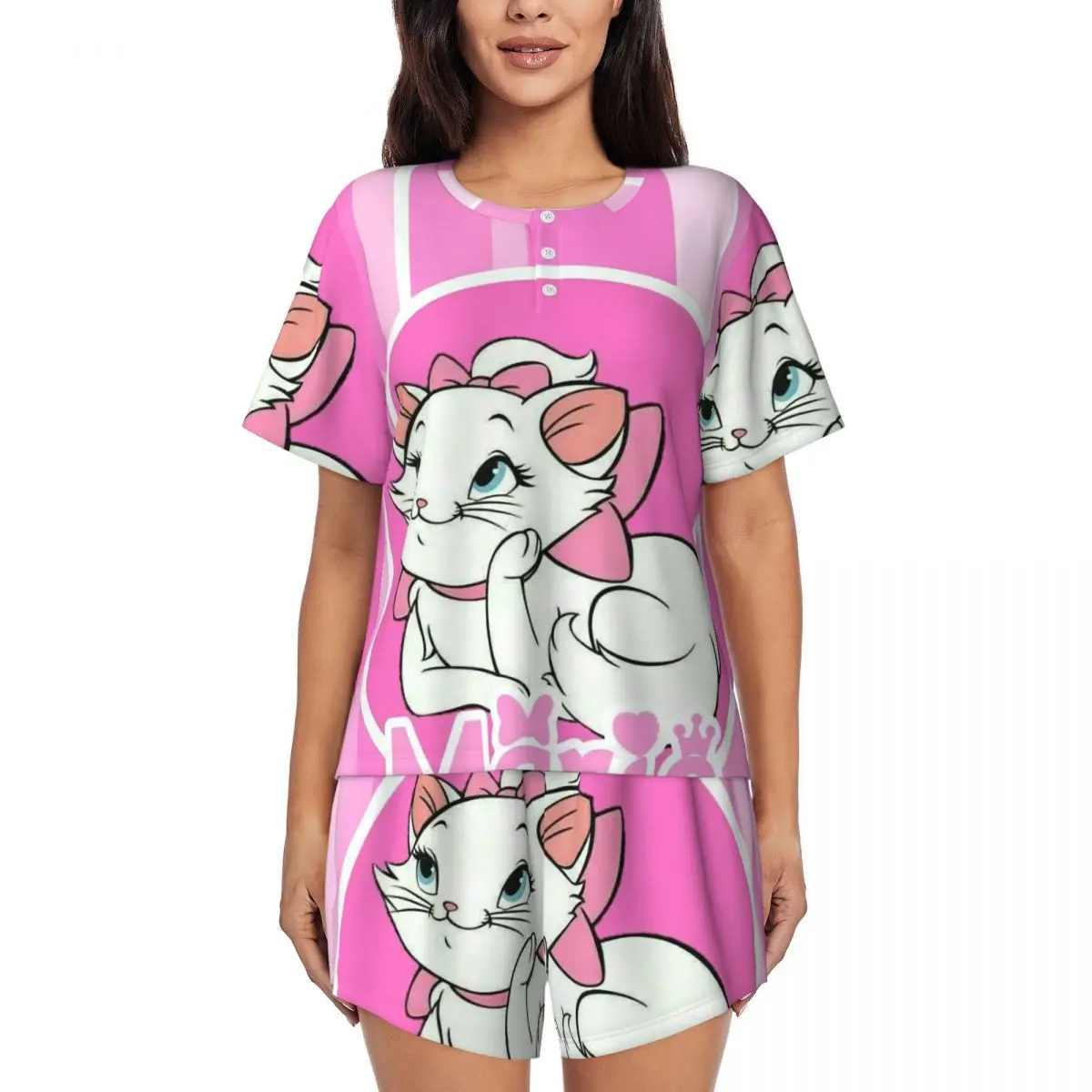 

Custom Cartoon Aristocats Animation Marie Cat Pajama Sets for Women 2 Piece Short Sleeve Pjs Shorts Sleepwear