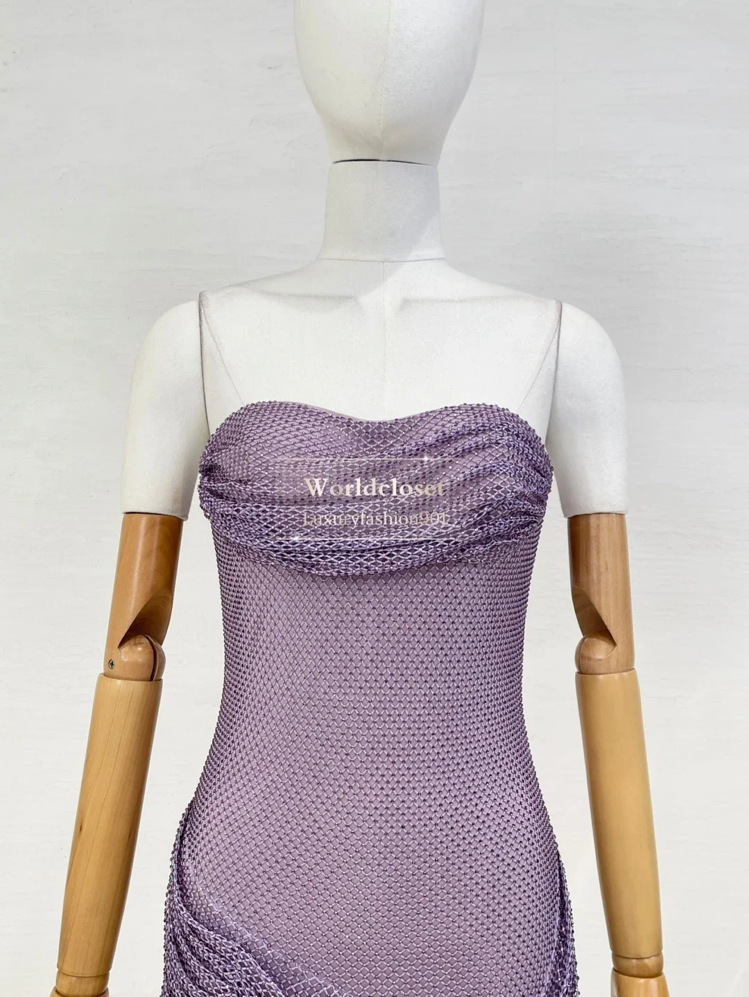 Strapless Women's Mini Dress for Party 2025 New Beautiful Purple Rhinestone Mesh Ruched