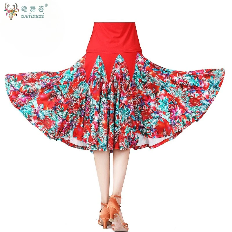 National Standard Walzer Flamenco Kostüme Frau Latin Dance Print Rock elastische Taille floral mittellanger Ballsaal Faltenrock