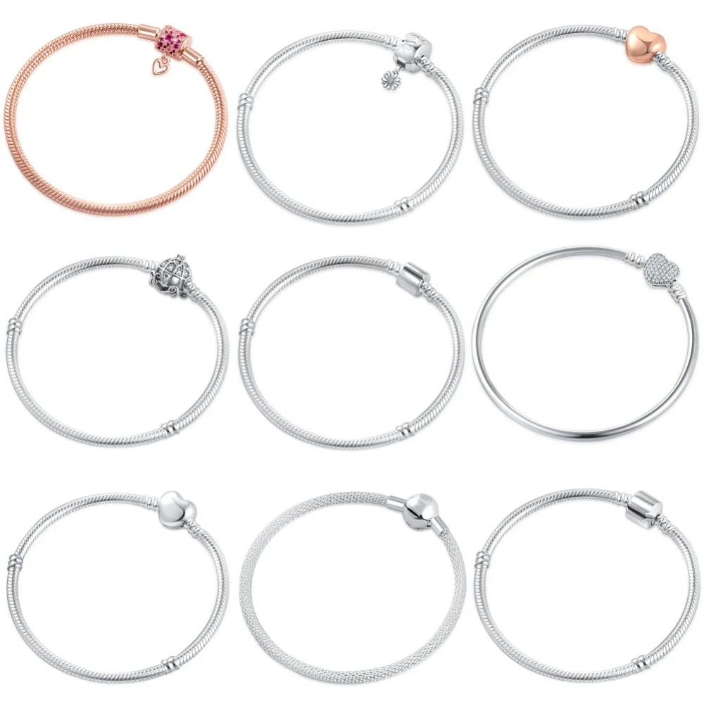 

Bracelet Sterling Silver 925 Original 16-21CM Heart Round Flower Clip Clasp White Zircon Bracelet European Bracelets Diy Bead