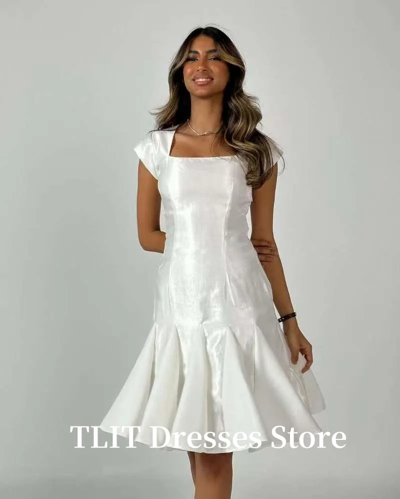 TLIT Cap Sleeves Mini Knee Length Prom Gowns Arabic Women Square Neck Taffeta Formal Party Dress Evening Event Gowns Customized