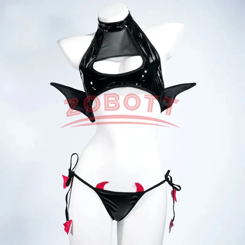 New Halloween Cosplay Jimiko Kawaii Anime Underwear Cosplay Devil Costume Sexy Lingerie Set Leather Wings Micro Bikini Open Bra view 3