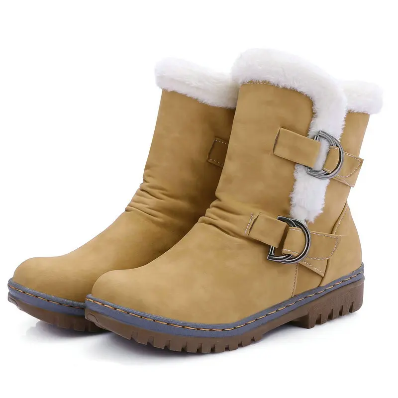 

Big Size 44 45 46 Warm Faux Plush Fur Lined Winter Woman Shoes Buckle Belt Rubber Sole Casual Flats Russian Ankle Snow Boots