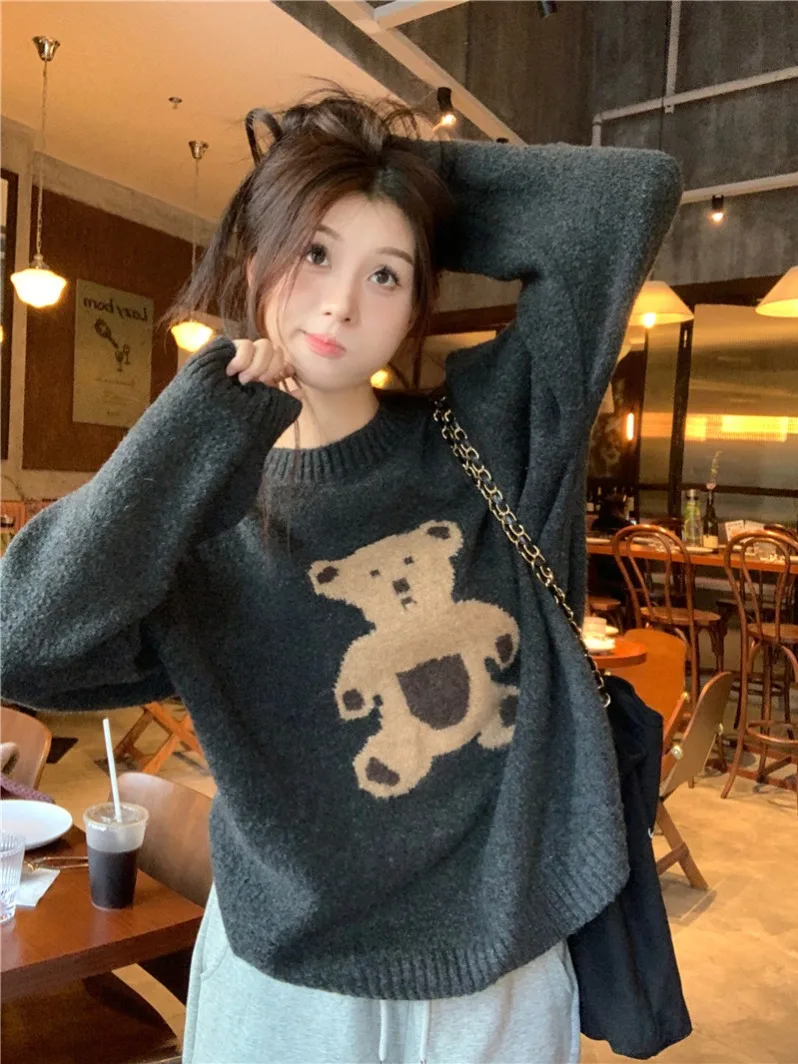 الرجعية الكرتون الدب المرأة المتضخم تريكو طويل Sve جولة Ne البلوز سترة الخريف الشتاء ملابس داخلية قاعدة طبقة Loo...