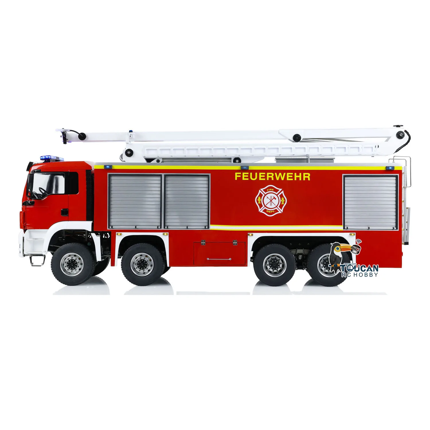

1:14 Metal Chassis 8x4 Snozzle High-reach Extendable Turret RC Fire Truck Light Sound TOUCAN Painted Finished Car Vehicle