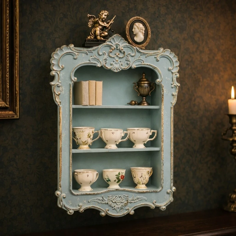 

Резной настенный шкаф в европейском стиле, винтажный подвесной органайзер для хранения, элегантная функциональная полка для домашнего декора для прихожей в спальне