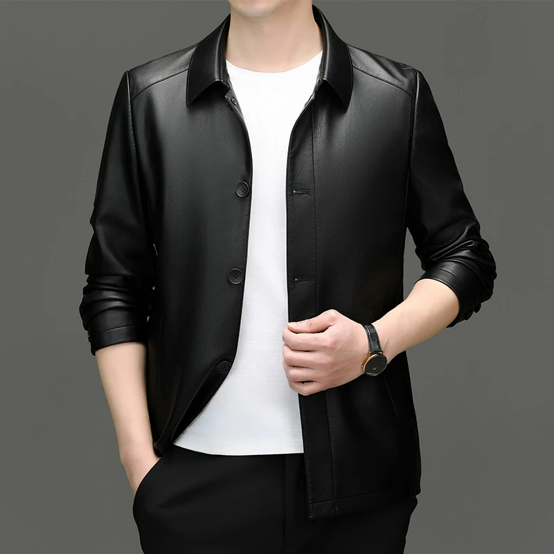 

2024 Leather Business Leather Jacket Lapel Fashion Handsome Trend Solid Color Middle-aged Dad Men's Coat Spring and Autumn