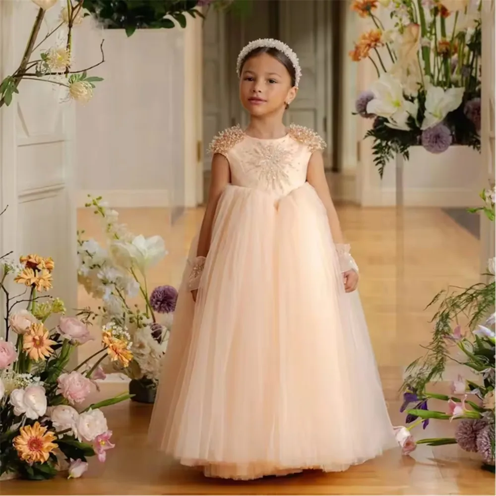 

Elegant Beading Flower Girl Dresses For Wedding Customized Princess Baby Girl's Birthday Party Ball Gowns Kids Photos Dress