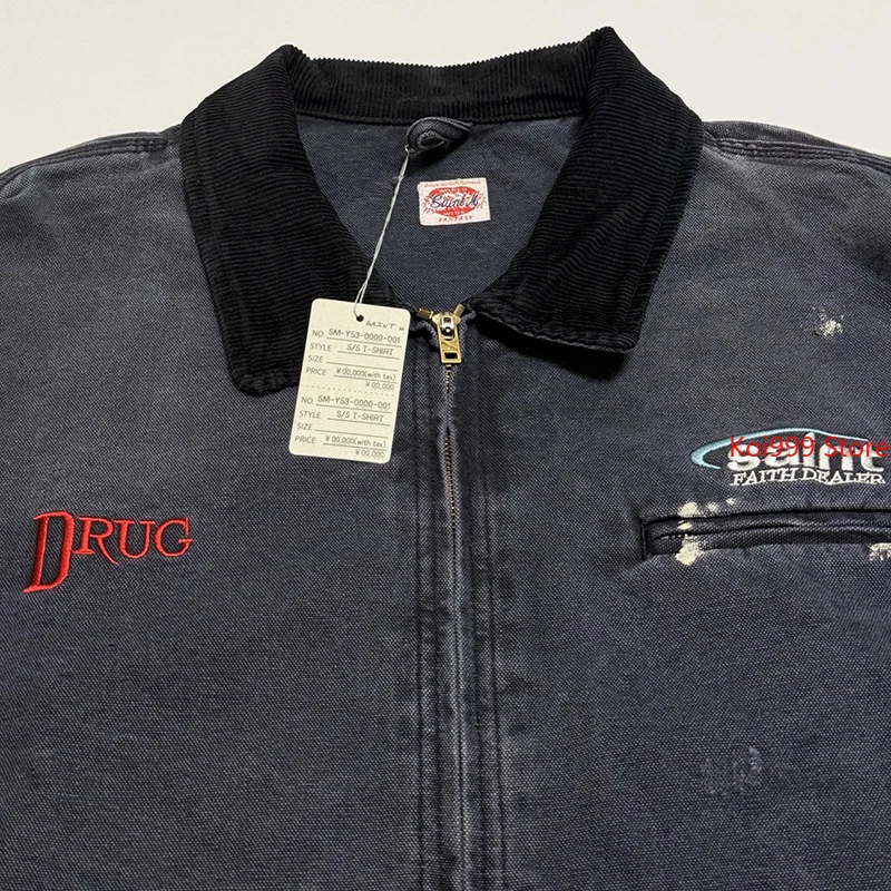 

25ss Street Fashion SSSAINT Vintage Washed Letter Embroidery Detroit Style Jacket Splashed Ink Frayed Thick Zipper Saint Coats