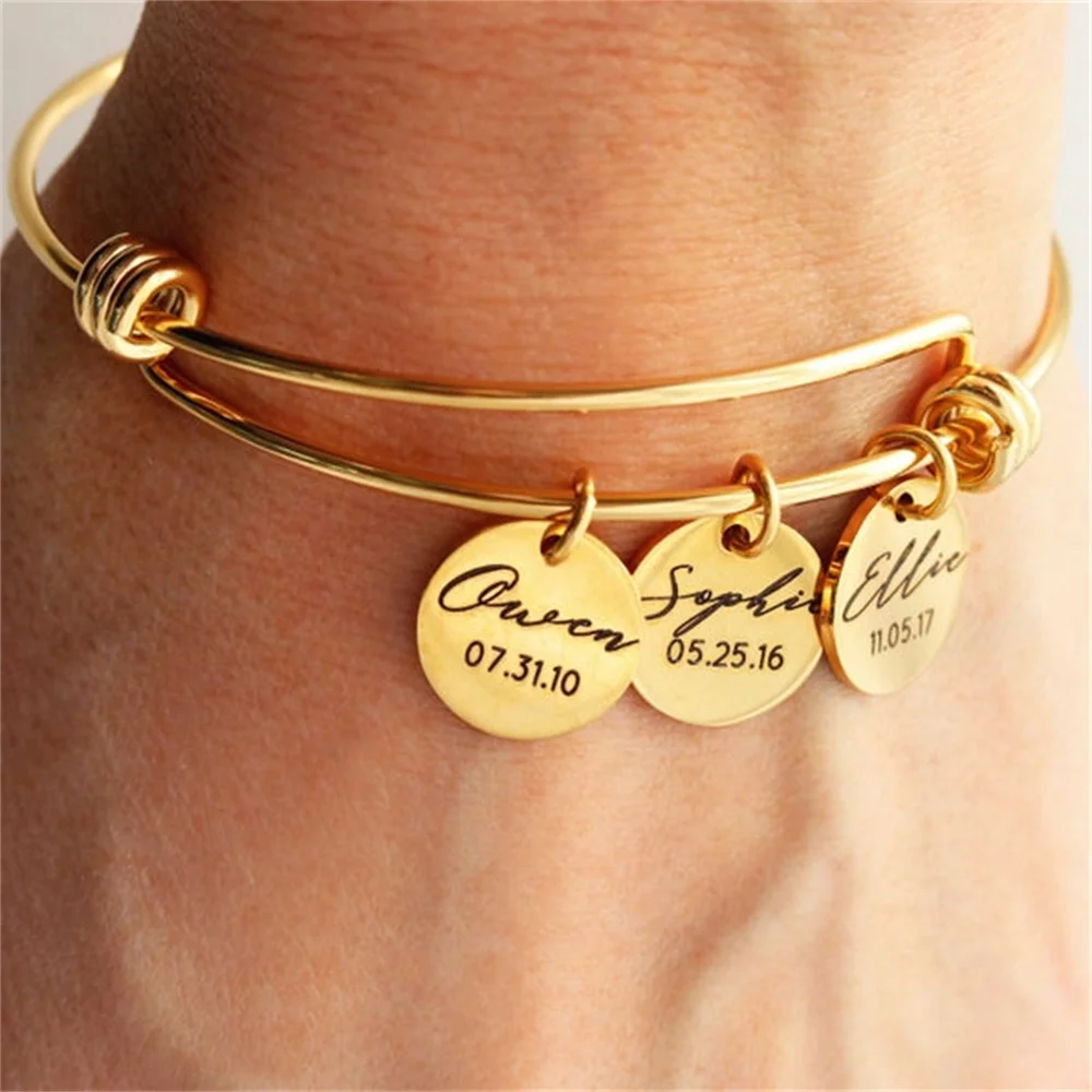 Customized Engraved 1-3 Names Bracelets Personalized Custom Round Heart Bangle for Women Boy Girl Bracelets Beautiful Gift image 6