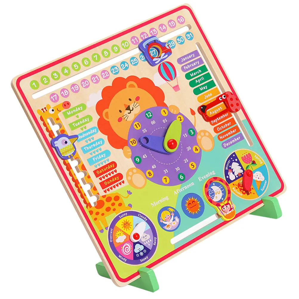 1Set Multifunctional Kids Wooden Clock Early Learning Educational Month Week Weather Sorting Cognitive Development Interactive