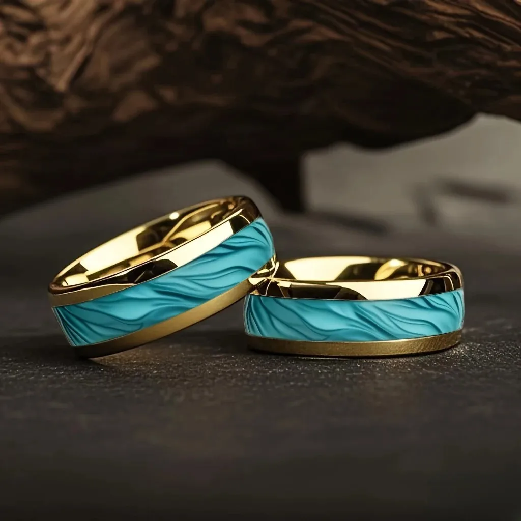 With Sea Blue Abalone Shell Inlay Rings Fashion 8mm Gold Color Men Stainless Steel Ring for Men Women Wedding Jewelry Drop Ship