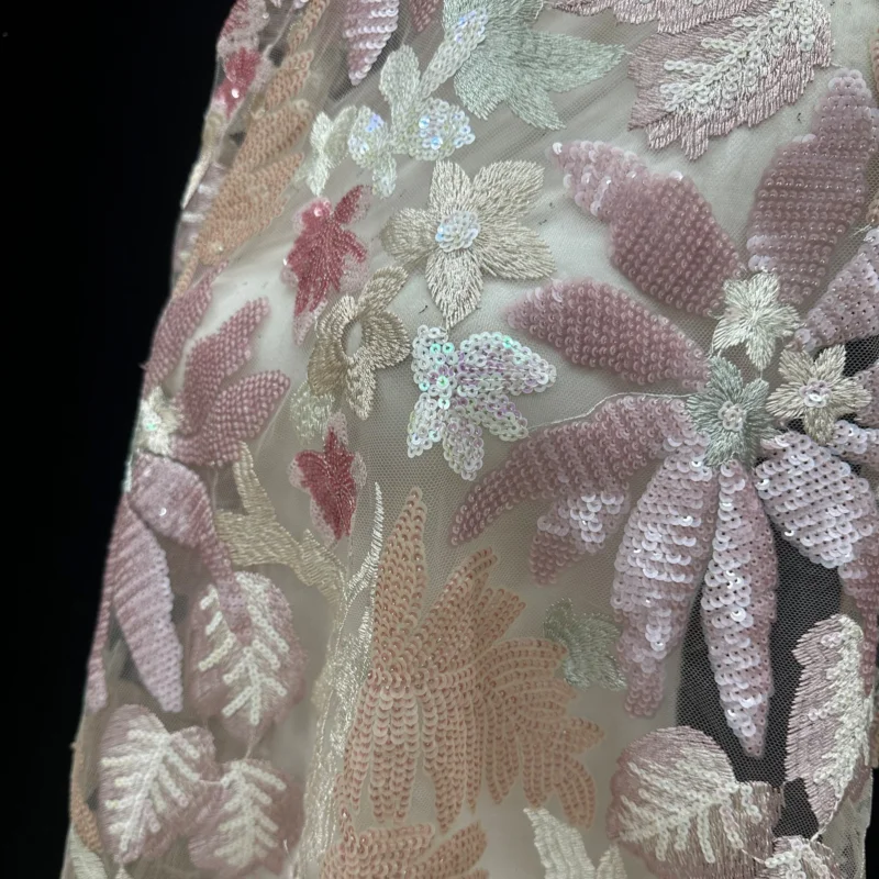 

Floral Sequined Beaded Embroidery on Net Fabric for DIY Sewing Skirt Clothing Accessories Lace Fashion Cloth By The Yard