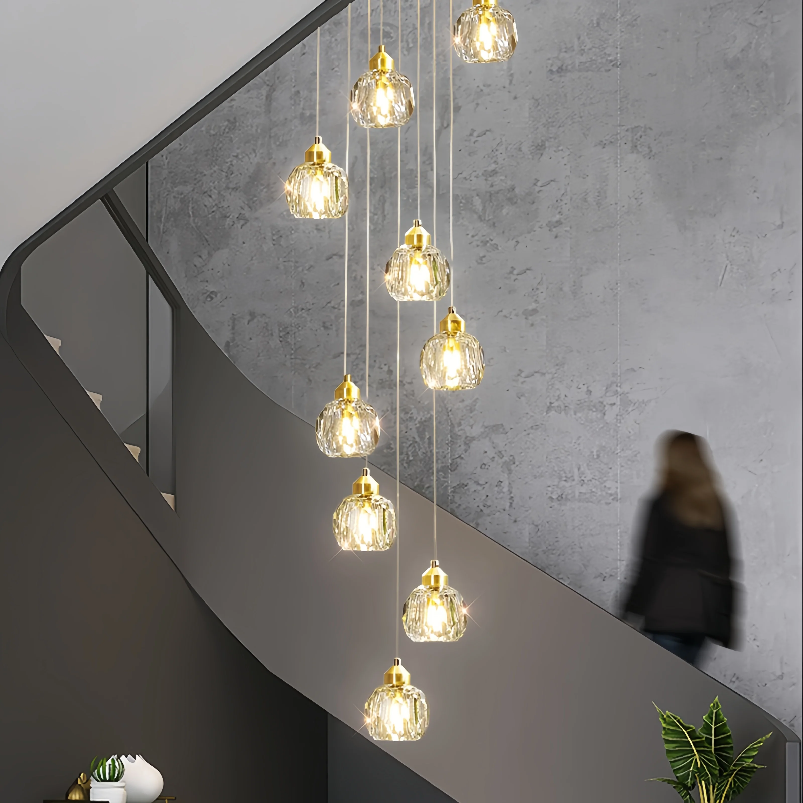 

Duplex Floor Long Chandelier, Modern And Minimalist Loft Apartment, Living Room, Revolving Staircase, Light Luxury Crystal Light
