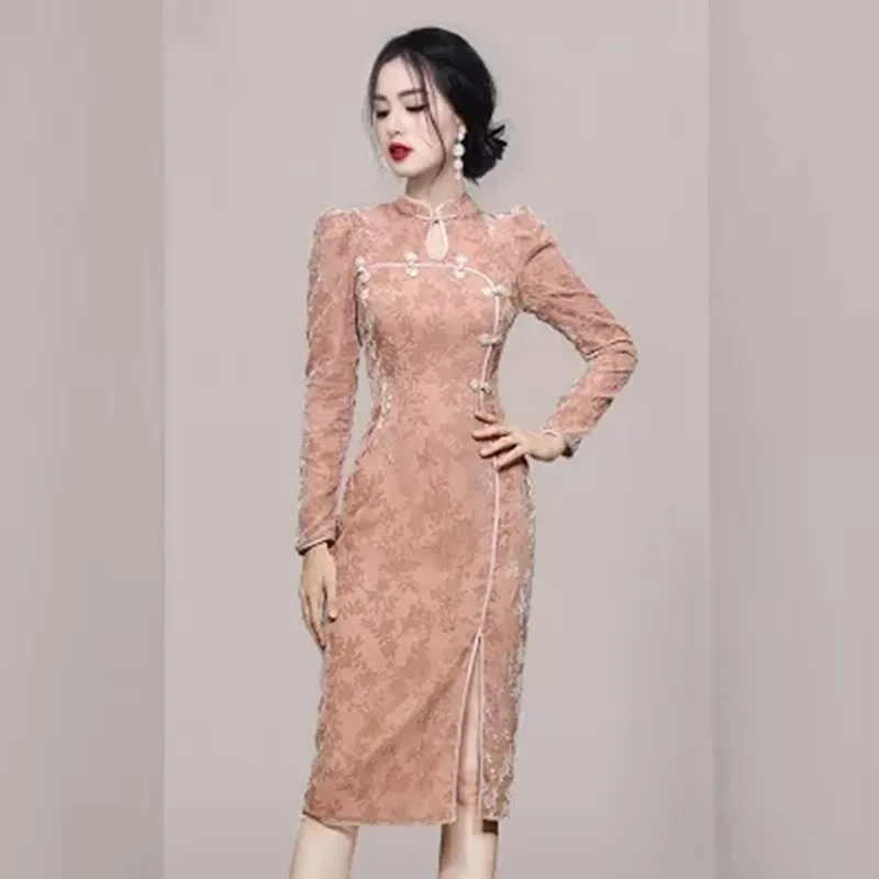 

2022 Autumn Women Cheongsam Long Old Shanghai Dress Ladies Temperament Vintage Disc buckle piping Chinese Style Embossed Dress