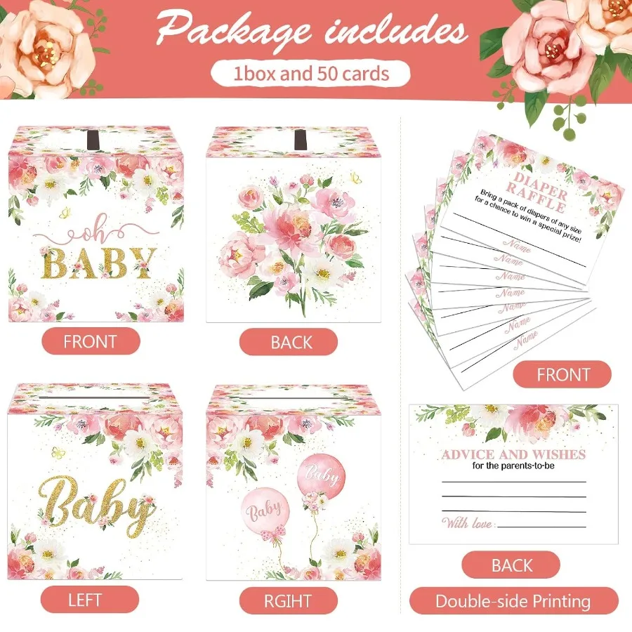50 Uds. Boletos de rifa de pañales florales con caja de tarjetas de rifa de pañales para decoración de Baby Shower, tarjetas y caja de billetes florales con conservación