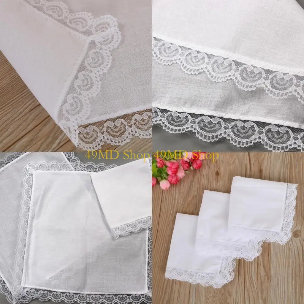

49MD Portable Tie-dye Lace Trim Cotton Handkerchief for Woman Man Gentleman White Cotton Handkerchief Lace Trim Handkerchief