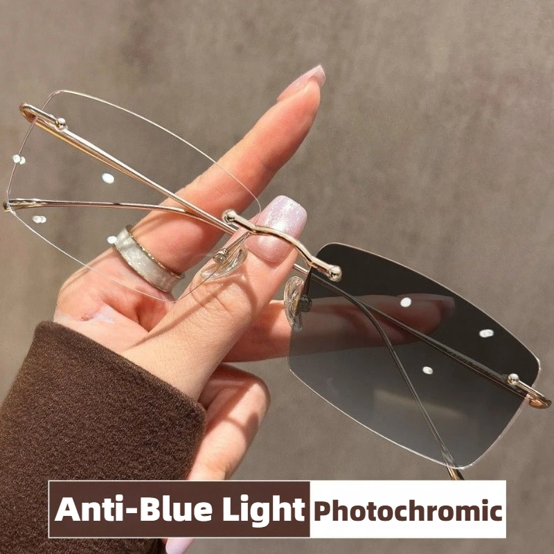 Fashion Square Rimless Photochromic Myopia Glasses Ultra-light Myopia Color Changing Anti-Blue Light Glasses for Men and Women