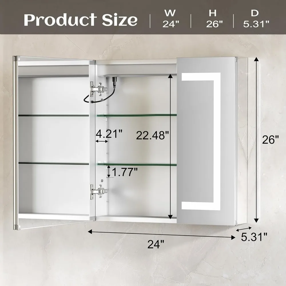 Miroir d'armoire à médicaments 4.2 par LED, lampes HOCabinet, prise et USB, encastré ou mural, étagère réglable, 24 po x 26 po