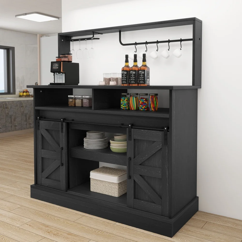 47 Inch Farmhouse Coffee Bar Cabinet Buffet Sideboard with Power Outlets USB Ports Wine Glass Rack Rustic Storage